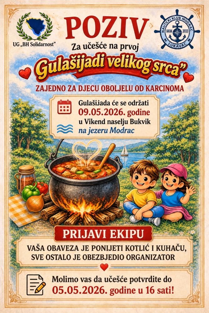 Pozivamo vas na “Gulašijadu velikog srca”: Humanost, druženje i podrška djeci oboljeloj od karcinoma na jezeru Modrac