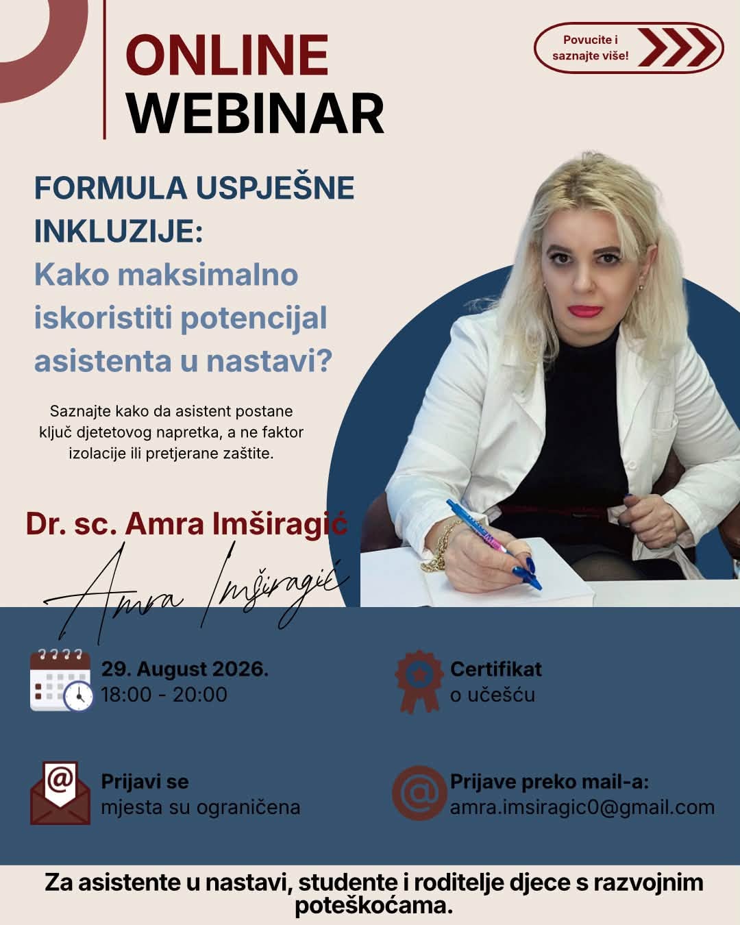 U TOKU PRIJAVE ZA ONLINE WEBINAR – Da li asistent u nastavi vodi dijete ka samostalnosti ili ka izolaciji?